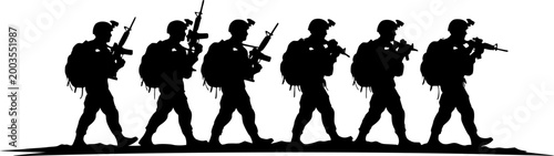 Military Soldiers Silhouette Vector - Army Infantry Group Marching in Battlefield Combat Mission Gear and Tactical Training