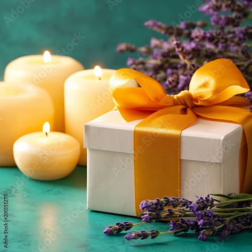 Present Wrapped in Brown Paper With Yellow Ribbon and Candles Beside It on a ...