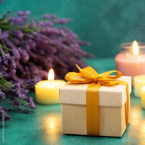 Gift Box With Yellow Ribbon and Candles Near Lavender Flowers on Green Surface