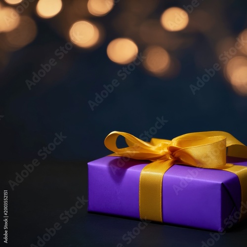 Joyful Purple Gift Box With Yellow Ribbon on a Dark Surface Surrounded by Sof...