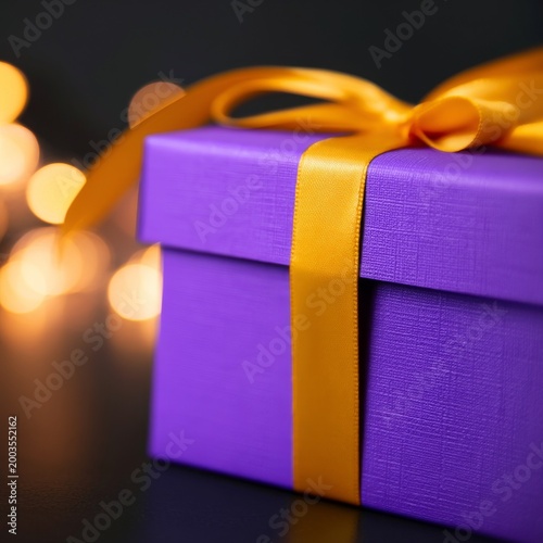 Gift Box With Purple Wrapping and Gold Ribbon on a Table With Lights in the B...