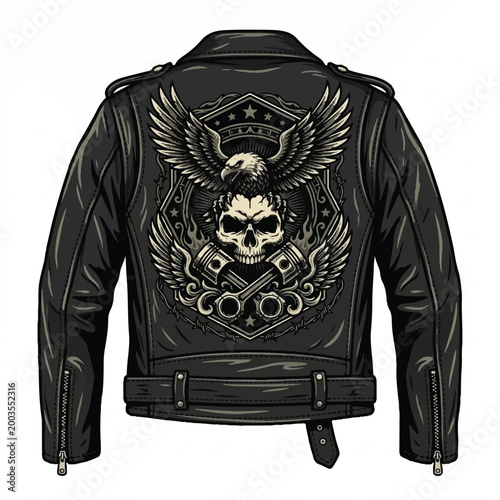 Black leather jacket with skull and eagle embroidery design for bikers and fashion enthusiasts.