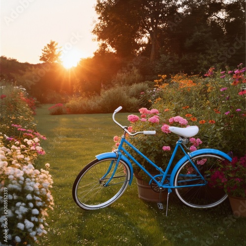 Bright Sunset Over a Garden With a Blue Bicycle and Colorful Flowers at a Cal...
