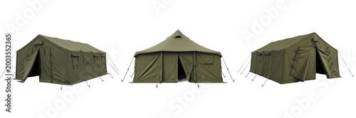 Set of Green Military Camping Tent Isolated on White Background, PNG