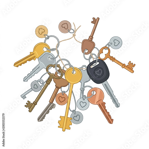 Collection of Various Keys on a Keyring Showing Different Shapes and Sizes.