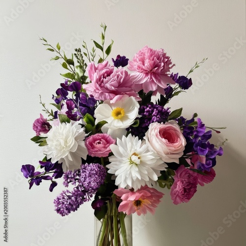 Bright Bouquet of Mixed Flowers Placed Against a Plain Wall Indoors in the Af...