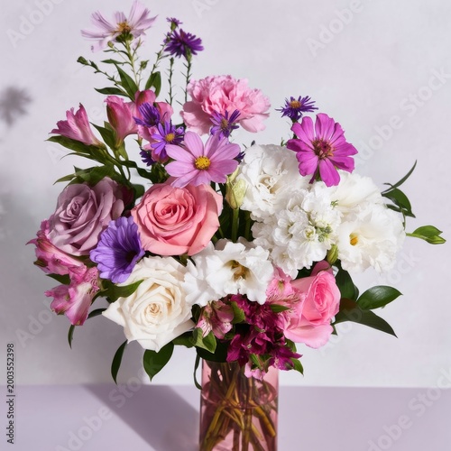 Bright Flowers Arranged in a Pink Vase on a Simple Background in a Well-Lit S...