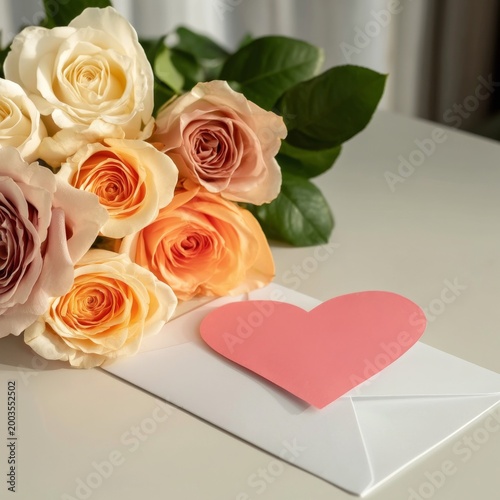 Colorful Roses With a Card and Heart Shape on a Table During Daylight