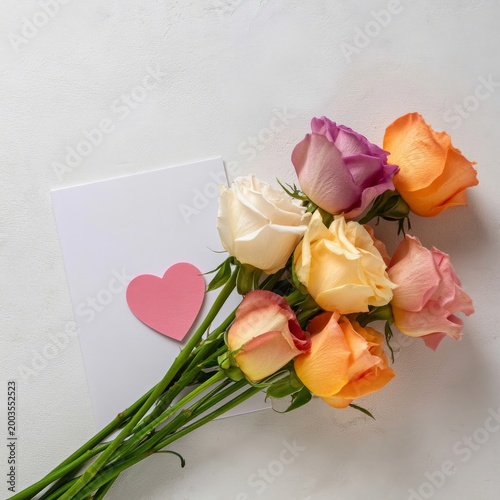 Colorful Roses With a Card and Heart Shape on a Table During Daylight