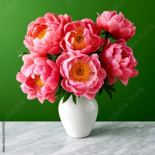Bright Flowers in a Vase Are Placed on a Table With a Green Background in a S...