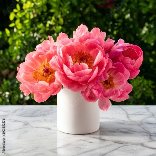 Bright Flowers in a Vase Are Placed on a Table With a Green Background in a S...