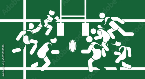 Rugby Match Action Icon: Players Competing for Ball on Green Field