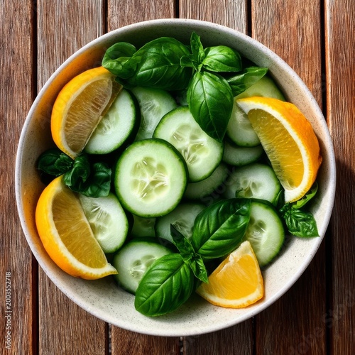 Fresh Cucumber Slices, Lemon Wedges, and Basil Leaves in a Bowl on a Wooden T...