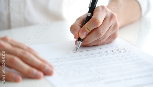 Businessman filling out paperwork and signing legal form at office desk with document business paperwork contract