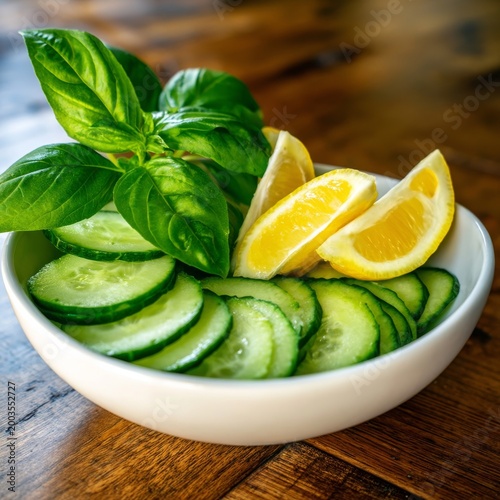 Fresh Cucumber and Lemon Slices With Basil in a White Bowl on Wooden Table