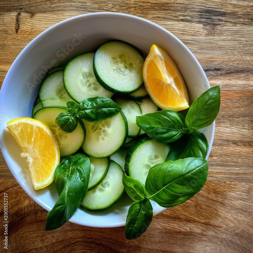Fresh Cucumber and Lemon Slices With Basil in a White Bowl on Wooden Table