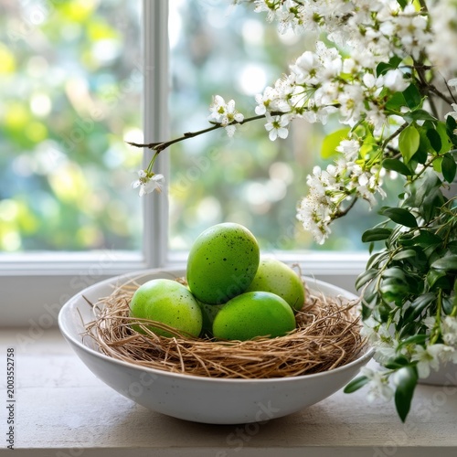 Green Eggs in a Nest Beside Flowers by a Window in a Sunny Room