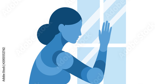 Photos Woman looking out window, isolation, longing, blue tones, modern illustration