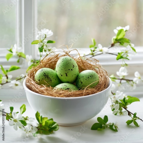 Green Eggs in a Nest Beside Flowers by a Window in a Sunny Room