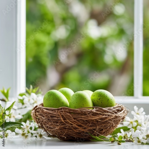 Fresh Green Apples Sit in a Bowl on a Table Near a Window With Blooming Flowe...
