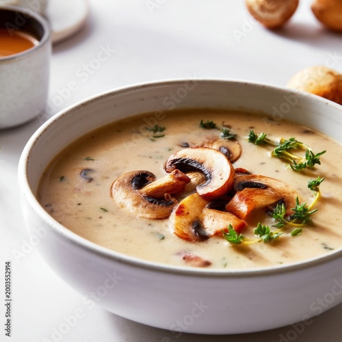 Creamy Mushroom Soup Served in a Black Bowl With Grilled Mushrooms on Top Dur...