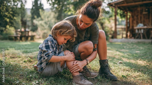 Mother comforting a young child after a small fall outdoors while gently checking a scraped knee in a caring family moment