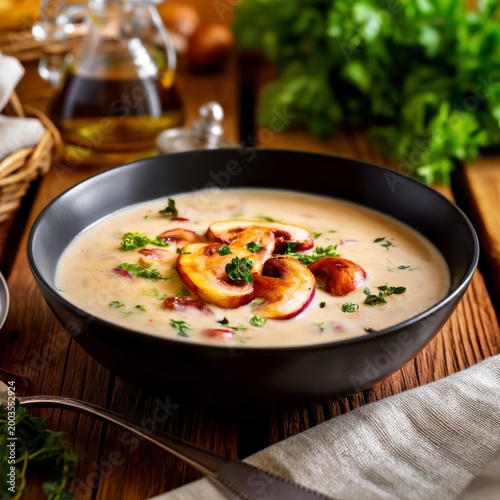 Delicious Bowl of Soup With Bread and Mushrooms on a Wooden Table