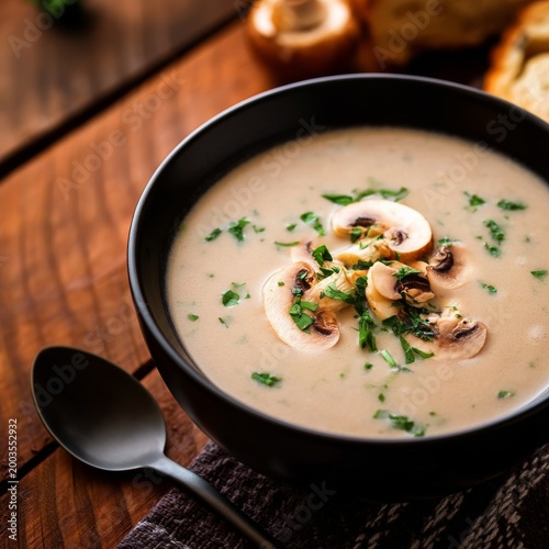 Mushroom Soup in a Black Bowl With Fresh Herbs and Bread on a Wooden Table