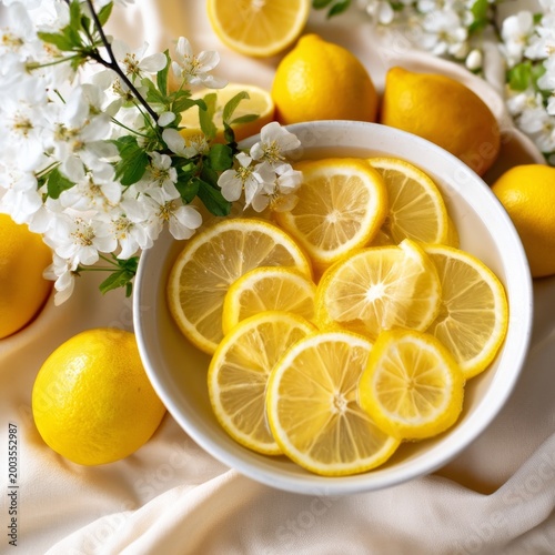 Fresh Lemon Slices in a Bowl Surrounded by Lemons and Flowers on a White Cloth