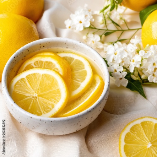 Lemon Slices Arranged in a Bowl With Fresh Flowers and Whole Lemons on a Fabr...