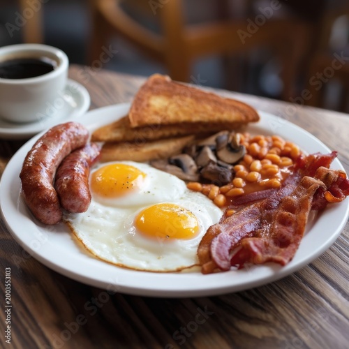 Breakfast Plate With Eggs, Bacon, Sausages, and Toast Served in a Cafe