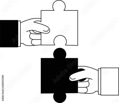 Two hands holding matching puzzle pieces connecting together, teamwork and partnership concept, cooperation, collaboration, problem solving, business strategy, unity, support, trust and successful sol