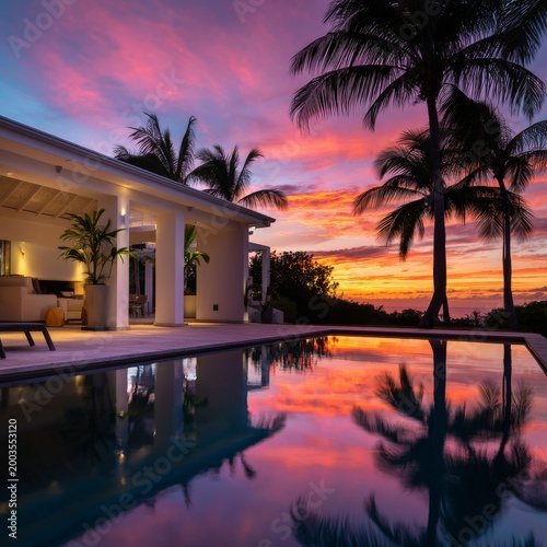 Beautiful Sunset View Over a House and Pool Surrounded by Palm Trees in a Tro...