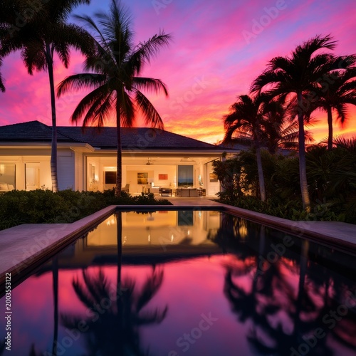 Beautiful Sunset View Over a House and Pool Surrounded by Palm Trees in a Tro...