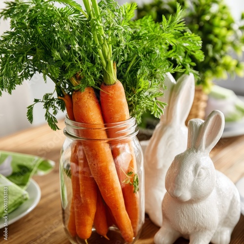 Fresh Carrots in a Jar With Decorative Bunnies on a Wooden Table for Spring C...