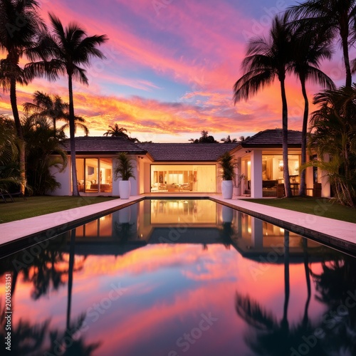 Sunset View Over a Pool With Palm Trees in a Tropical Setting During Evening ...