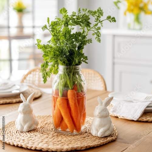 Fresh Carrots in a Jar With Decorative Bunnies on a Wooden Table for Spring C...