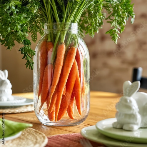 Fresh Carrots in a Glass Jar on a Wooden Table With Decorative Items and Plates
