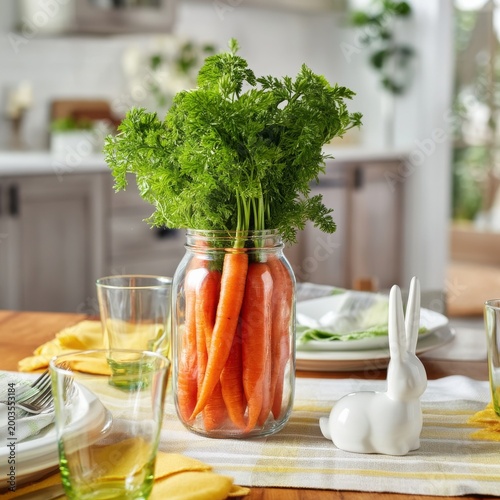 Fresh Carrots in a Glass Jar on a Wooden Table With Decorative Items and Plates