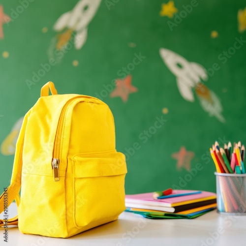Kids Backpack With School Supplies Near a Chalkboard With Rockets and Stars D...