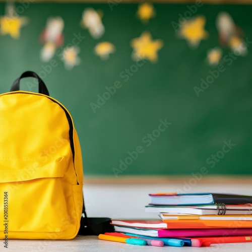 Colorful School Supplies and a Backpack in a Classroom Setting With a Chalkbo...