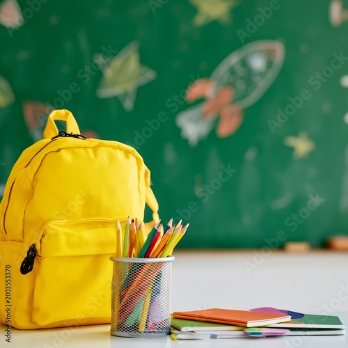 Colorful School Supplies and a Backpack in a Classroom Setting With a Chalkbo...