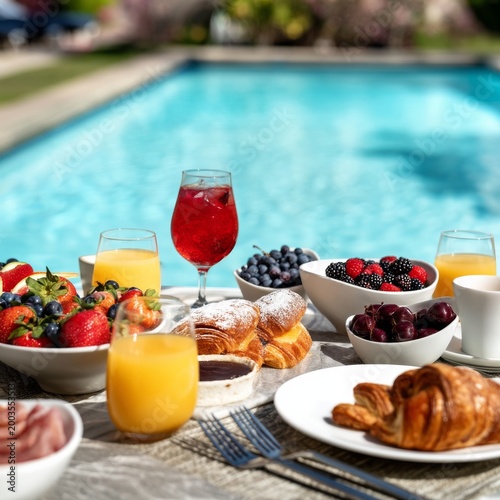 Enjoying Breakfast by the Pool With Fruit, Coffee, and Pastries in the Mornin...