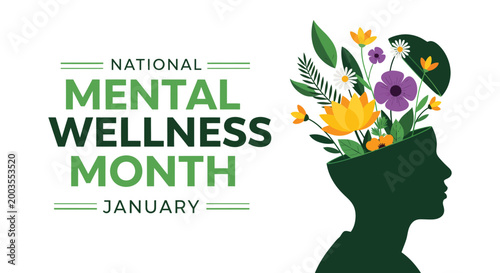 National mental wellness month illustration with floral brain concept