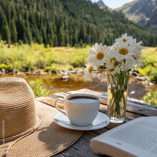Enjoying Coffee With a Straw Hat and Wildflowers on a Sunny Day in the Countr...