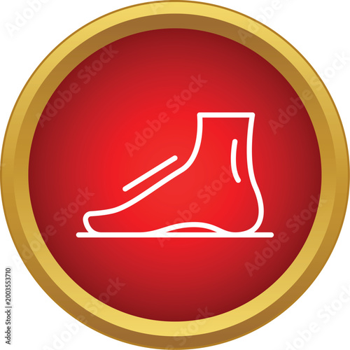 Foot outline representing a flatfoot condition inside a red and gold circle