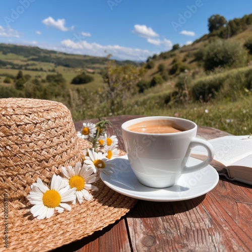 Enjoying Coffee With a Straw Hat and Wildflowers on a Sunny Day in the Countr...