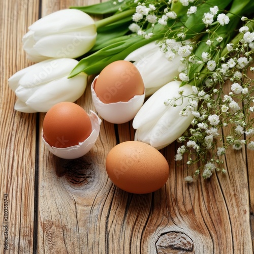 Decorative Eggs and White Tulips on Wooden Table With Flower Arrangement in S...
