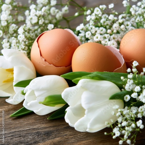 Decorative Arrangement of Eggs and Flowers on Wood Surface for Spring Celebra...