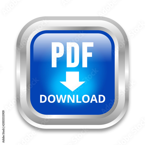 Blue PDF download button isolated on transparent background. Download PDF sign.
